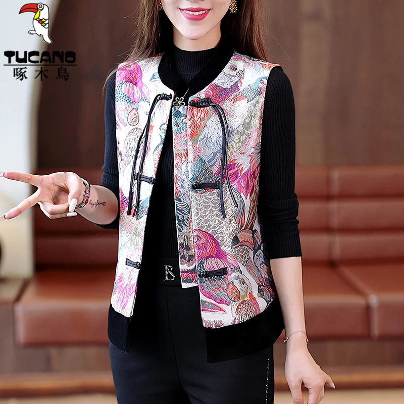 【官方】啄木鸟复古提花马甲女2025春秋新款新中式国风坎肩马夹外套