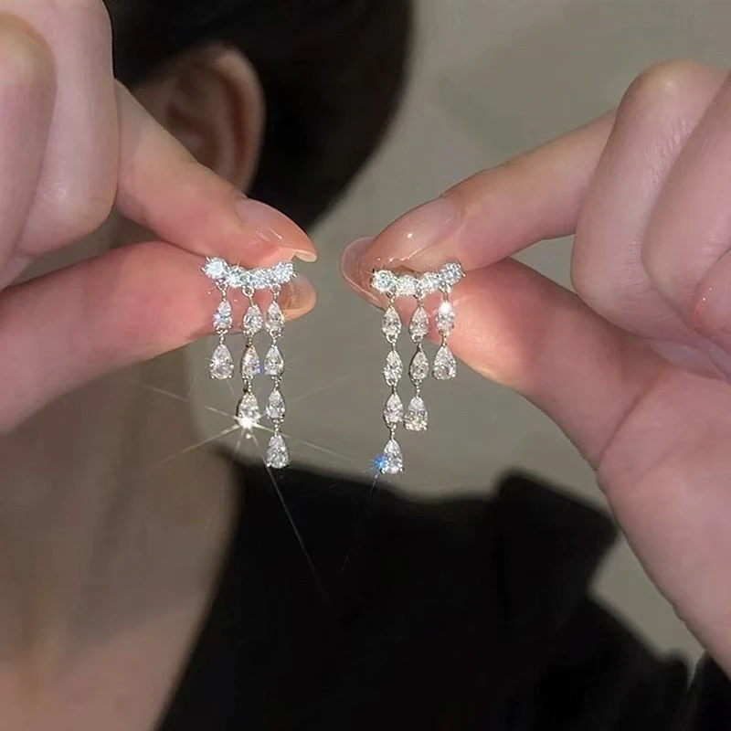 铜合金耳饰 流星雨水滴流苏耳夹无耳洞高级感时尚小众首饰高级感