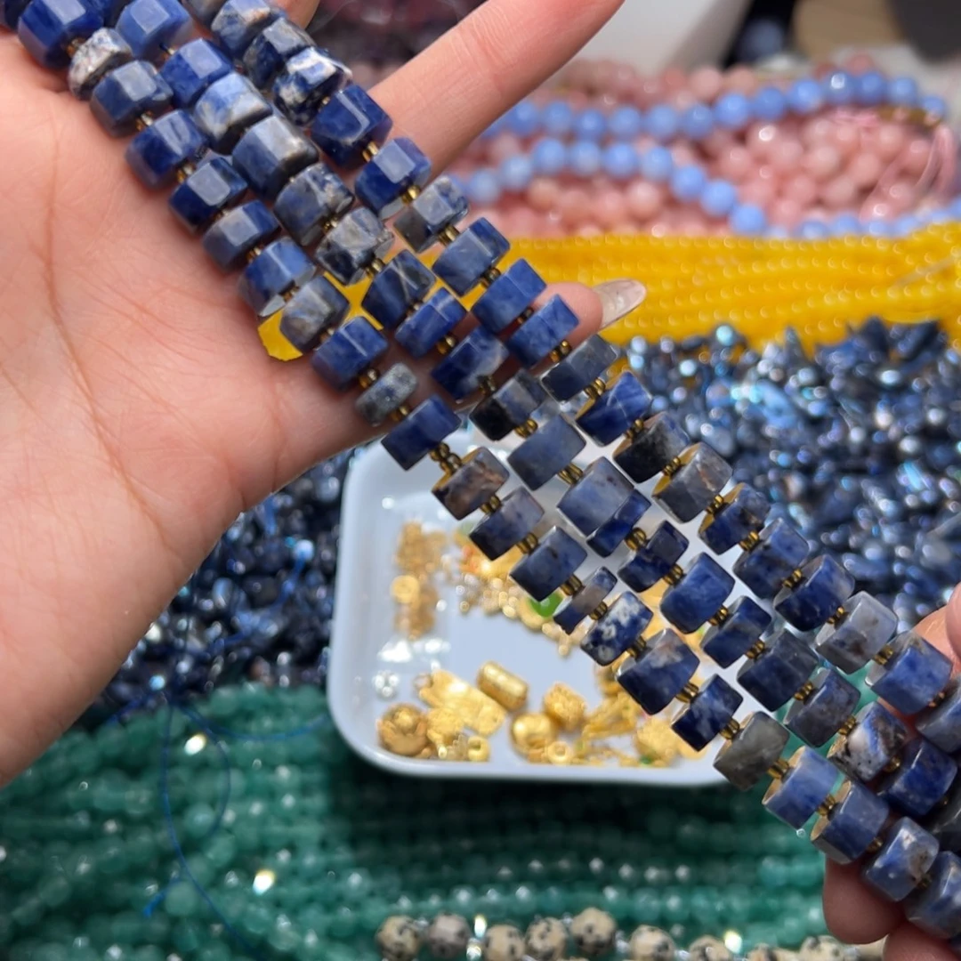 玛瑙/玉髓合金珠宝半成品I384/蓝纹石六棱桶珠一条