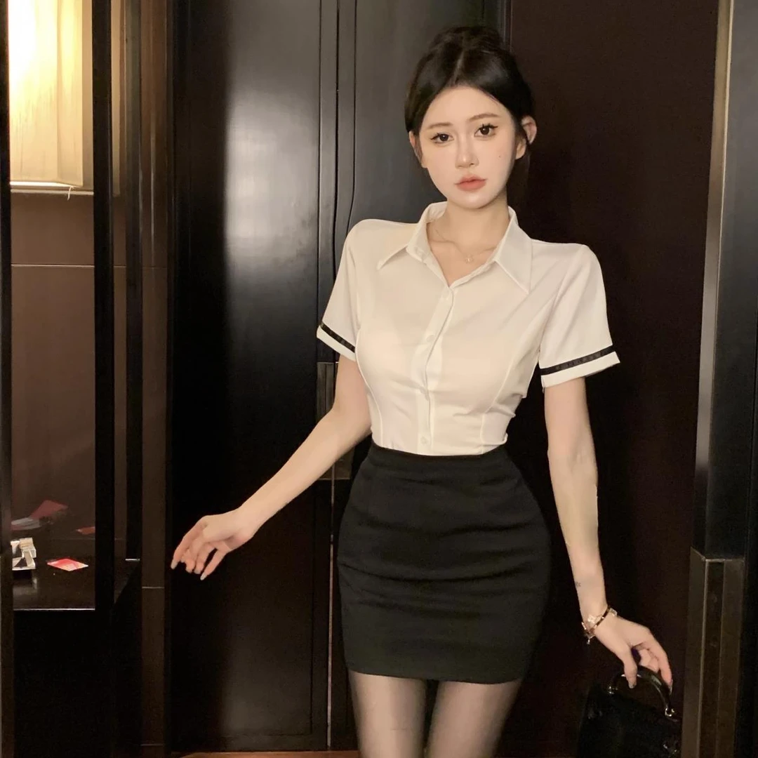 夏季新款显瘦气质白衬衫包臀裙职业套装足浴4s店酒店前台工作服女