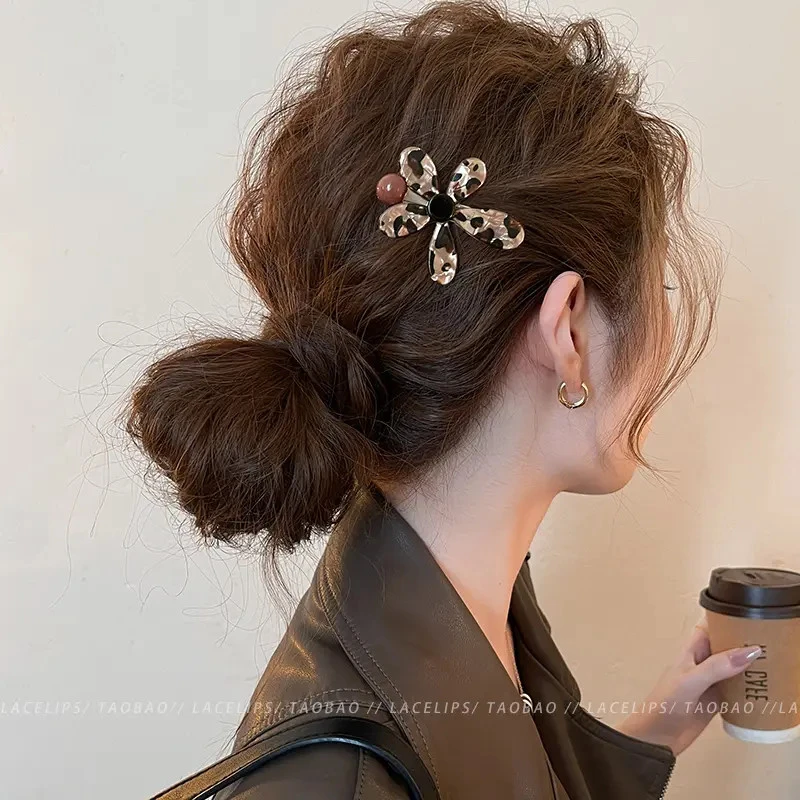 豹纹花朵圆珠发夹女一字夹侧边夹发卡前额刘海夹2025新款碎发头饰