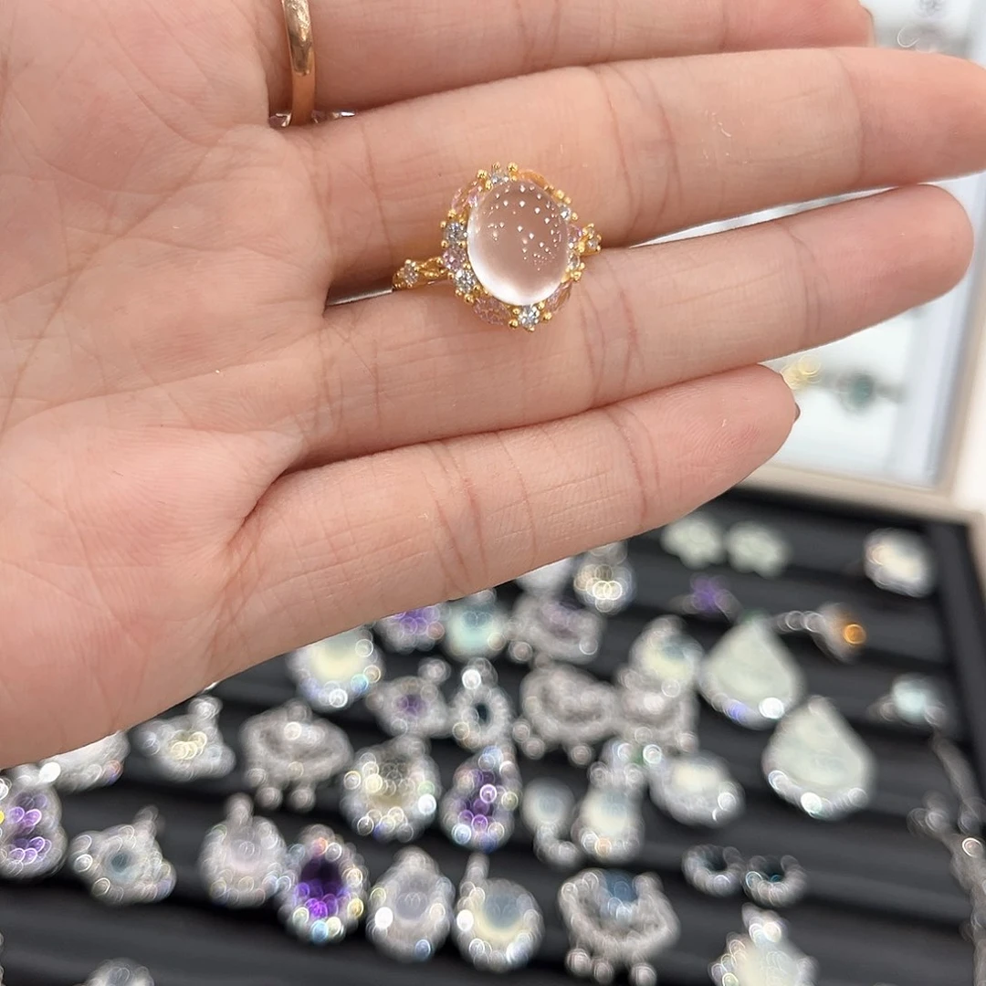 芙蓉石戒指银S925镶嵌猫***?