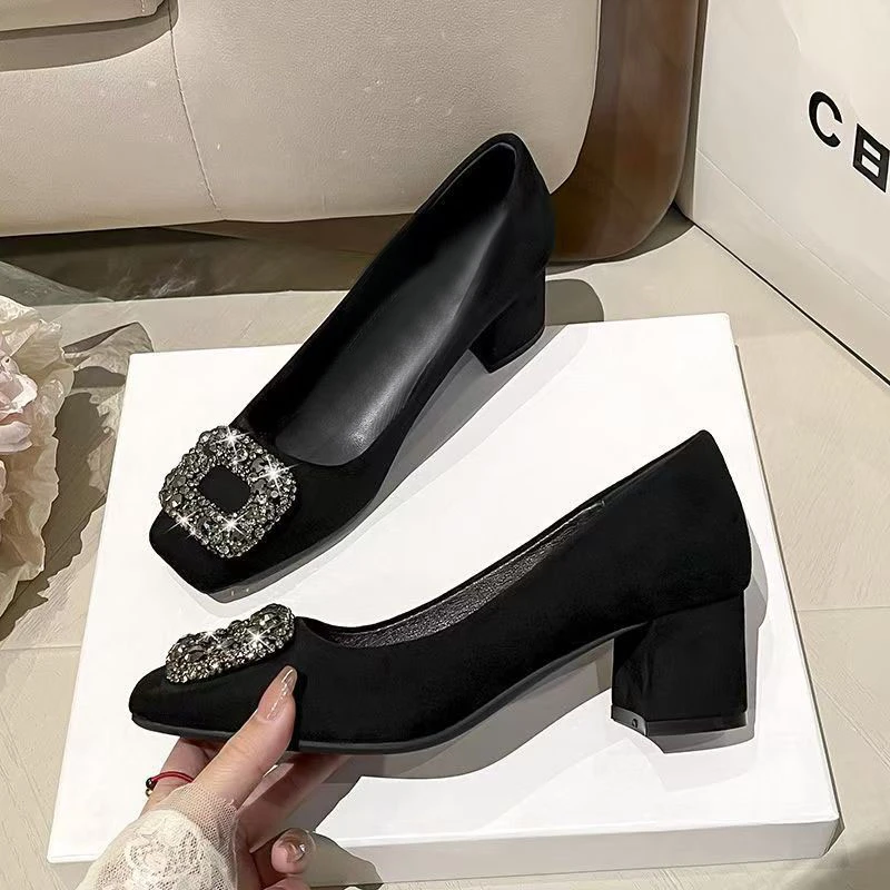 粗跟方头水钻单鞋女鞋子2025年新款春秋季高跟鞋不累脚气质通勤鞋