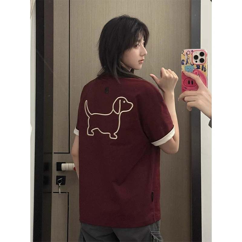 暗红色假两件空心刺绣小狗短袖男款夏季高级感t恤痞帅情侣五分袖
