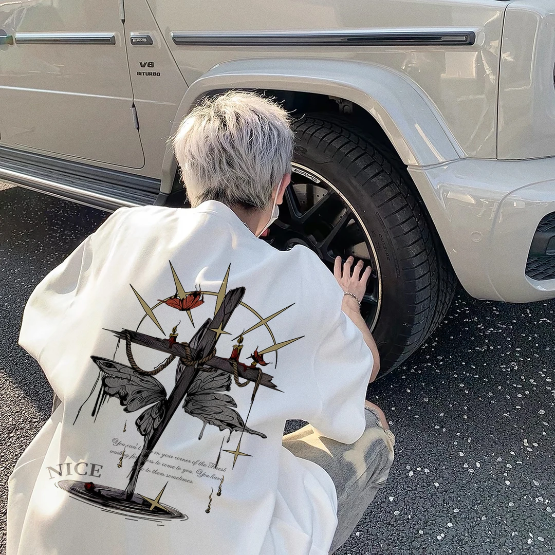 美式高街十字架印花短袖t恤男女潮牌街头风复古情侣纯棉上衣夏季