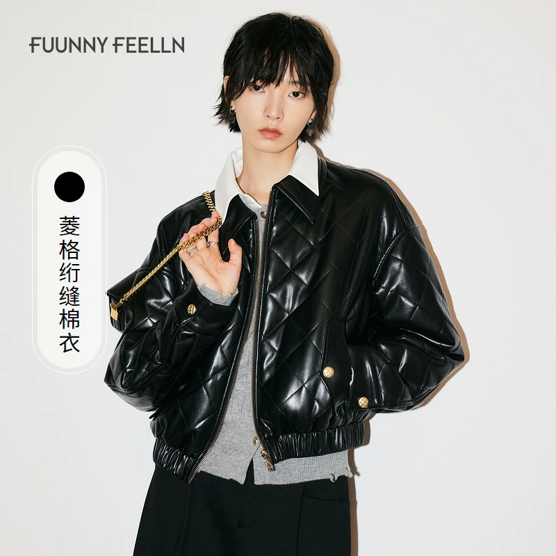 FF仿佛2024冬季新款亮皮质感棉衣黑色外套女短款百搭FQ00010W0