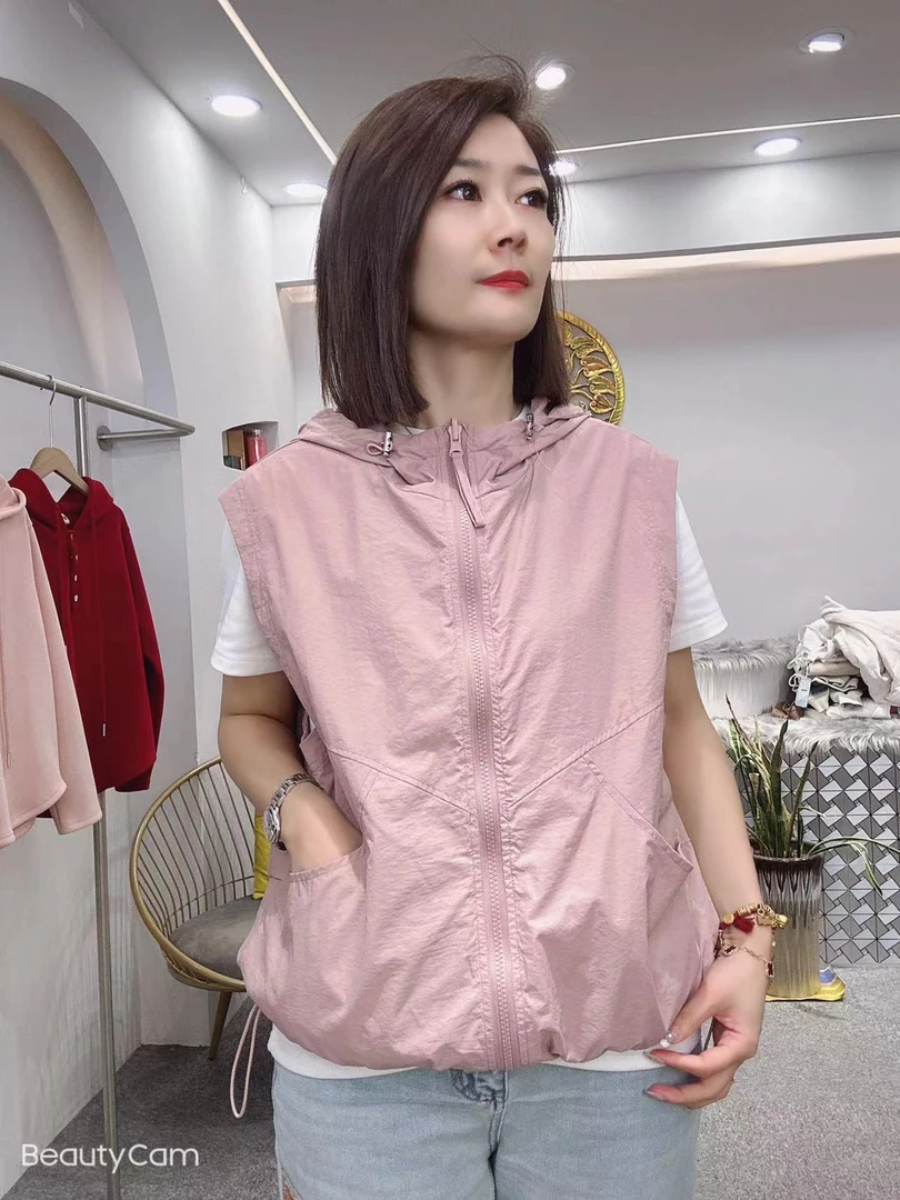 【双面穿】新款撞色连帽坎肩百搭纯色轻薄拉链马甲女090