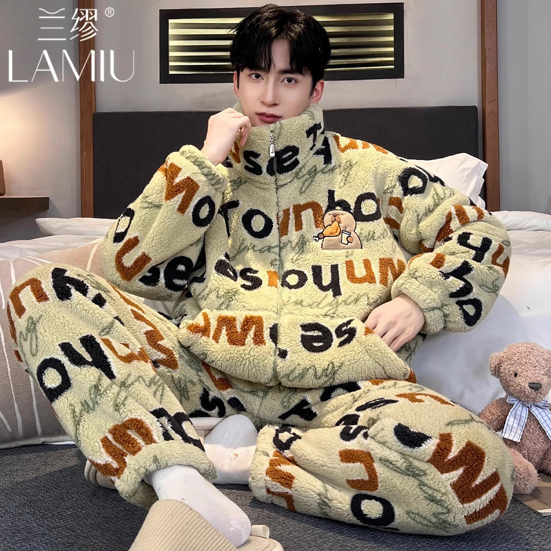 珊瑚绒睡衣男士加厚加绒2025新款春秋冬卡通拉链立领式家居服套装