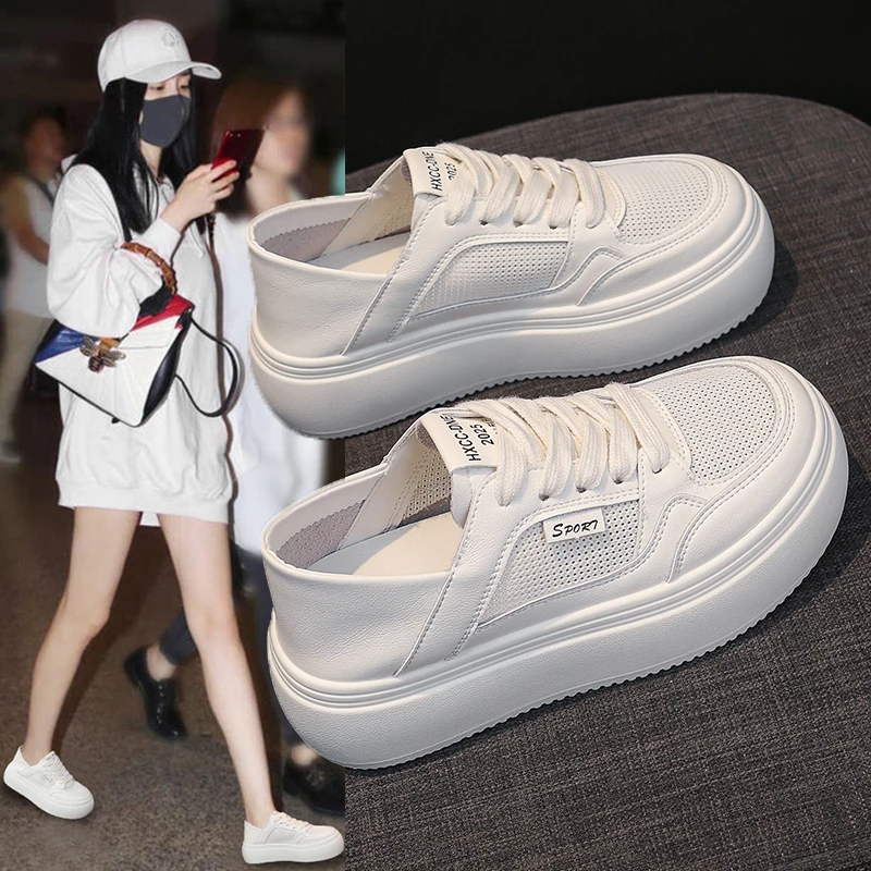 爆款真皮小白鞋女2025夏季新款网面透气厚底薄款两穿休闲板鞋运动