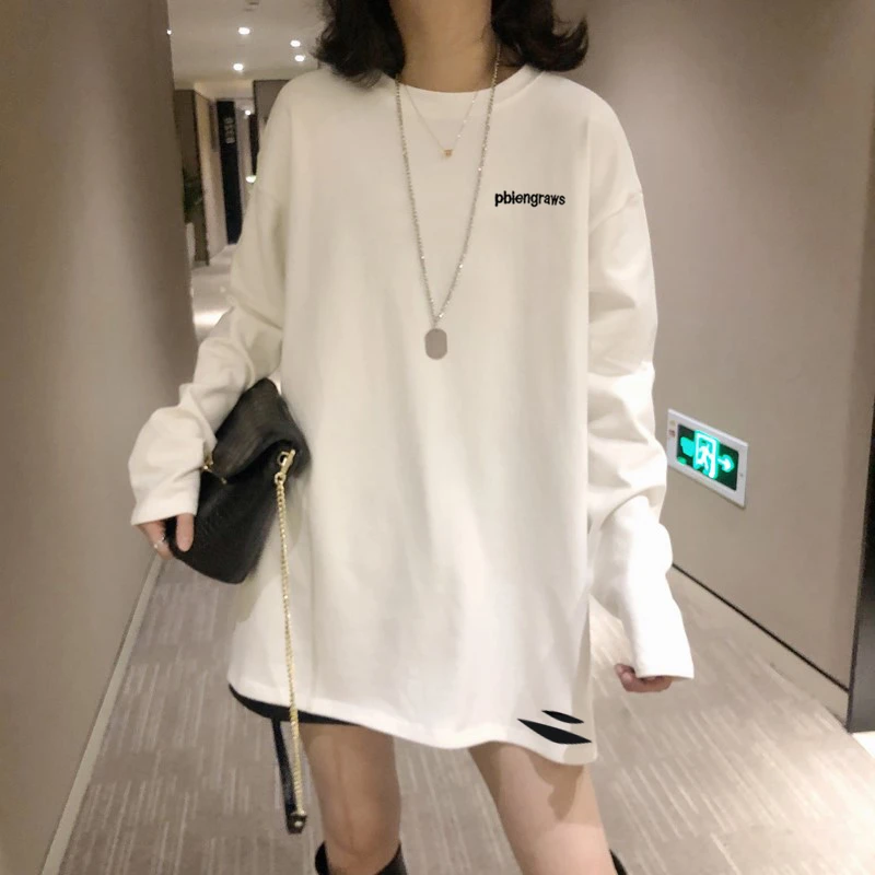 中长款遮屁股打底衫春秋冬季宽松白色卫衣内搭长袖t恤女时尚上衣