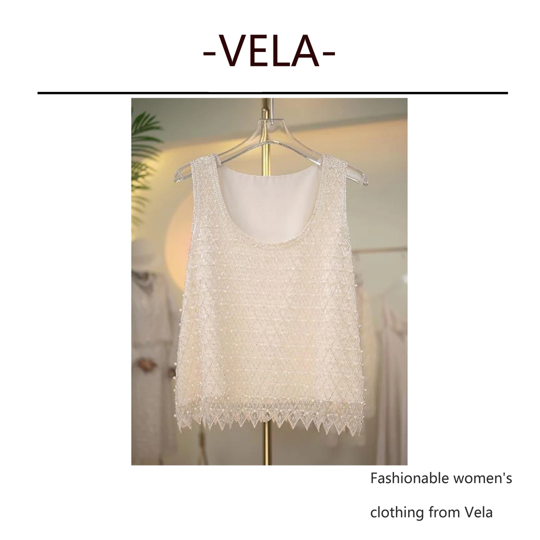 VELA 大珍珠格子背心无袖夏日清凉亮片钉珠设计上衣通勤