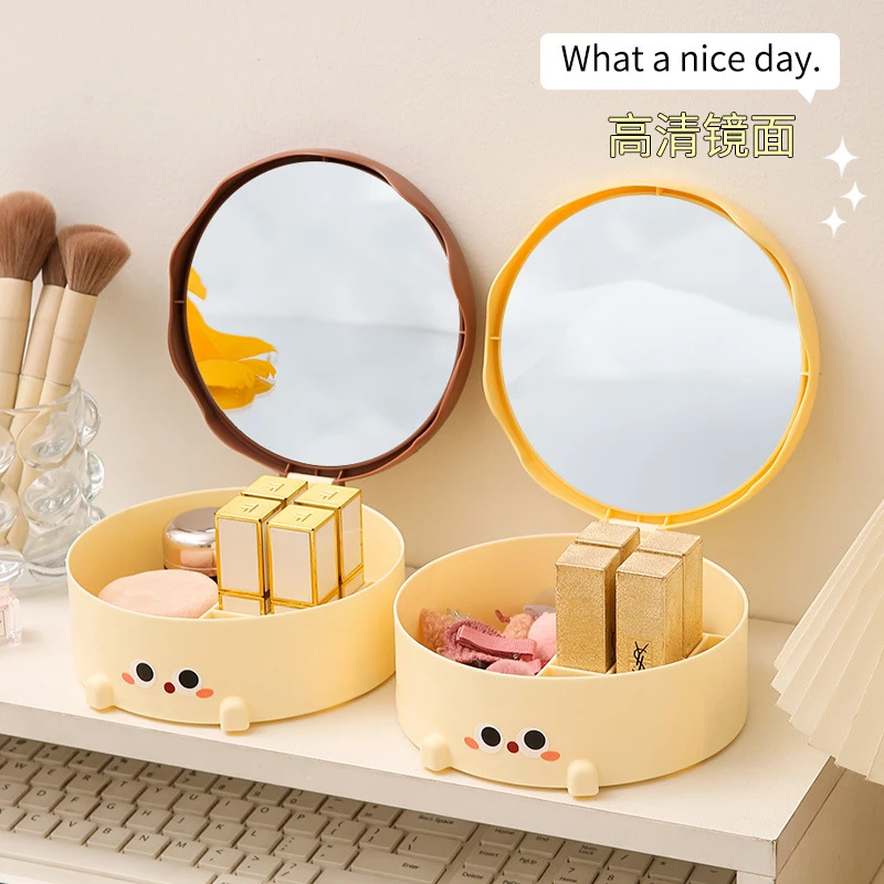 2025新款奶萌蛋糕化妆镜放桌子上可爱小熊首饰收纳镜子圆形补妆镜