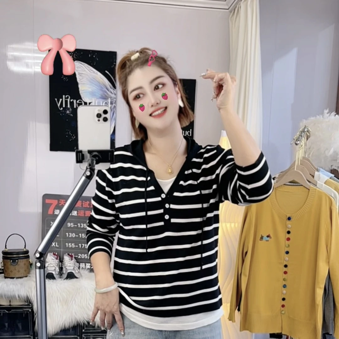 （9912）春季女韩版显瘦时尚假两件百搭连帽线衫针织衫外套