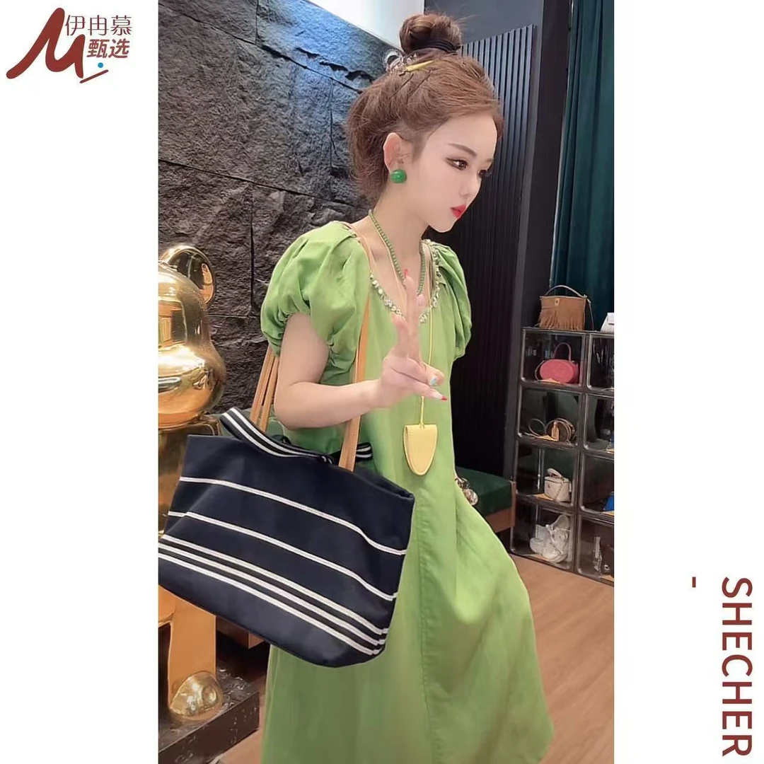 【伊冉慕甄选A】泡泡袖不褪色V领连衣裙通勤小众athflow风25123