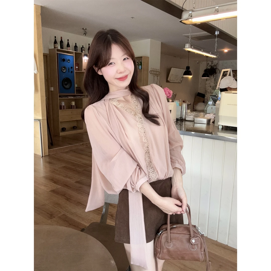 法式小众气质复古飘带衬衫蕾丝边女夏季宽松小众独特别致早秋上衣