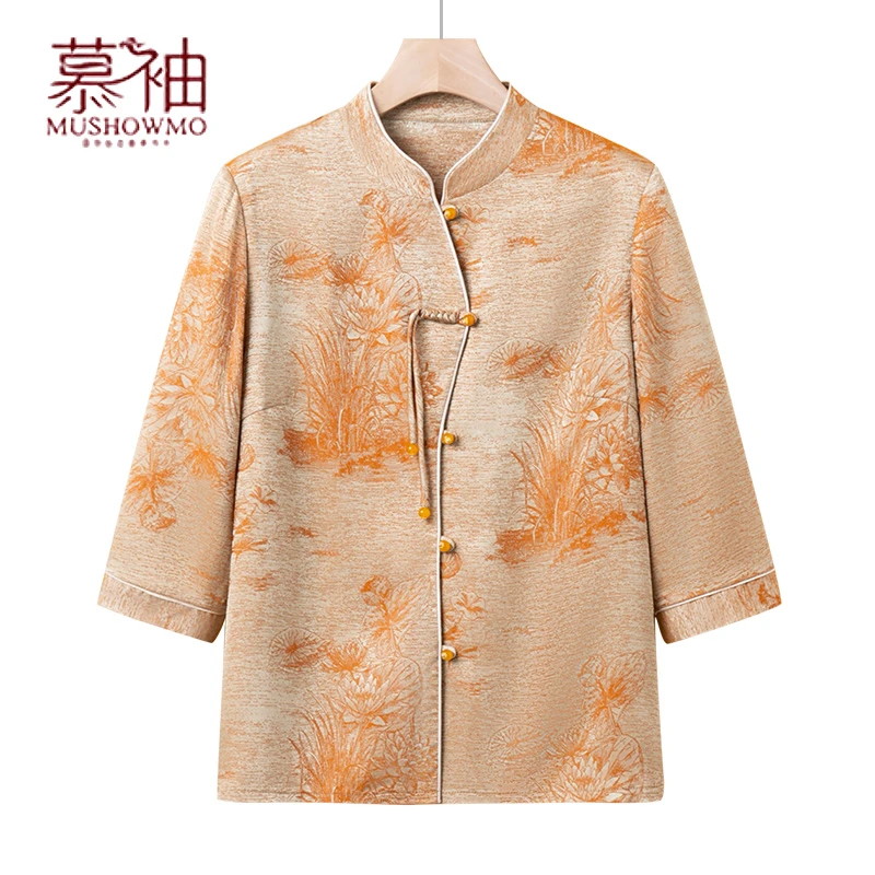 奶奶装中老年女装妈妈装老太太改良领T恤春夏薄款印花七分袖开衫