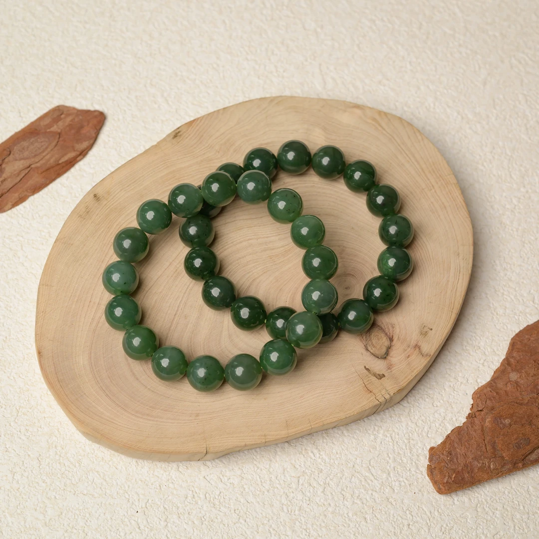 【玉珏】和田玉俄料碧玉手串素圈轻奢款 约12*12m多样性发一