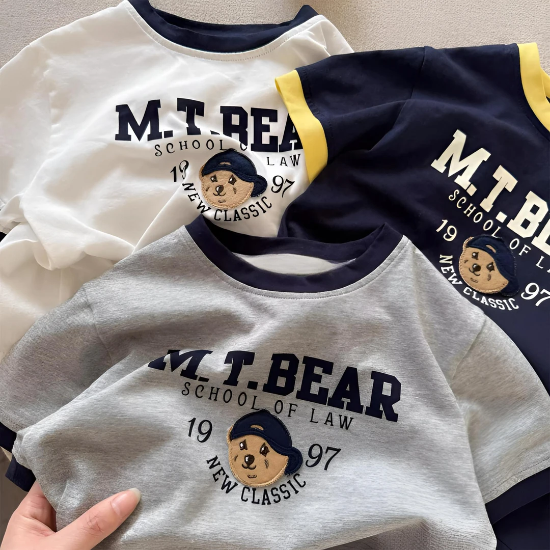 纯棉儿童短袖夏季女童日系潮牌卡通字母小童洋气半袖男童短袖T恤