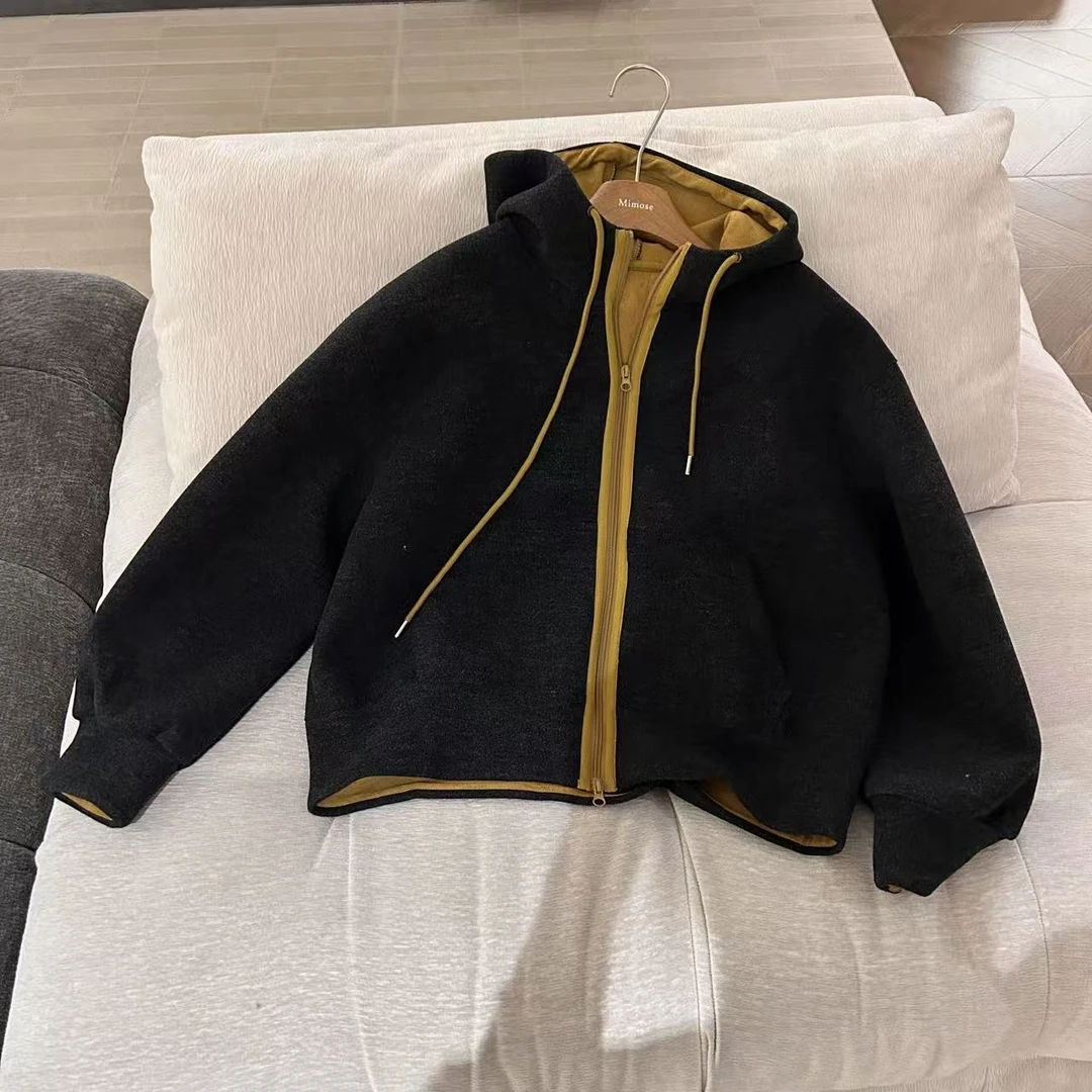 冬季新款慵懒气质抽绳连帽撞色拉链毛衣外套(衣长60胸围130）