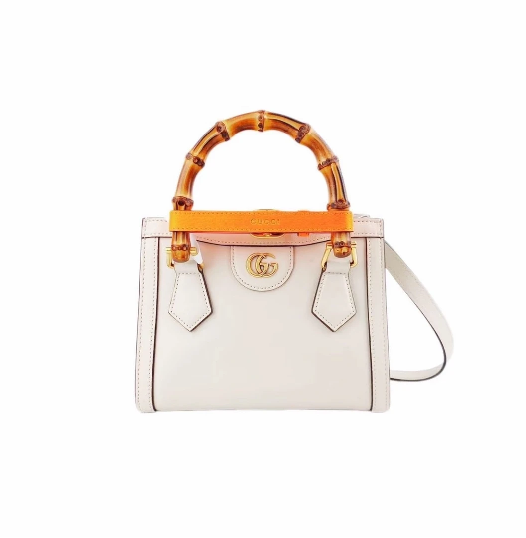 99新 GUCCI/古驰 白色小号戴安娜竹节手柄单肩托特包