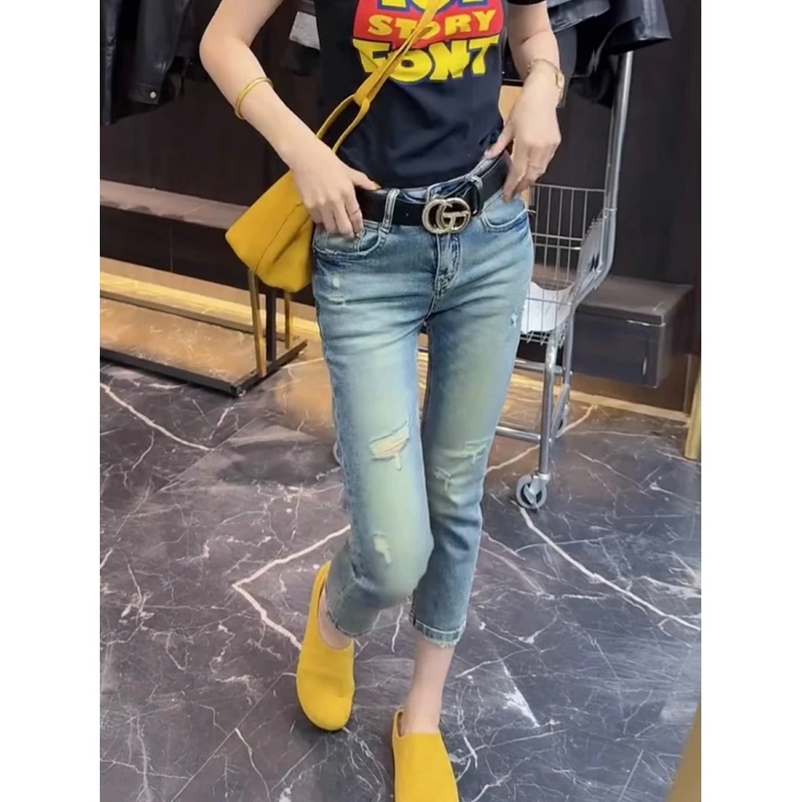 大码女装弹力直筒破洞牛仔裤子春季新款复古百搭小个子八分烟管裤