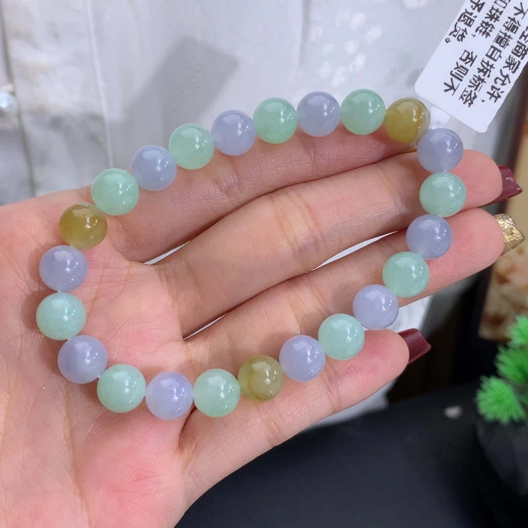 翡翠未镶嵌手串卡8胶润紫绿黄手串