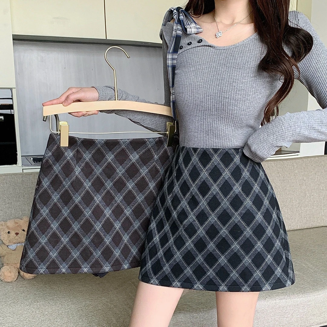 毛呢a裙菱形格纹韩系复古大码女装显瘦半身裙3863