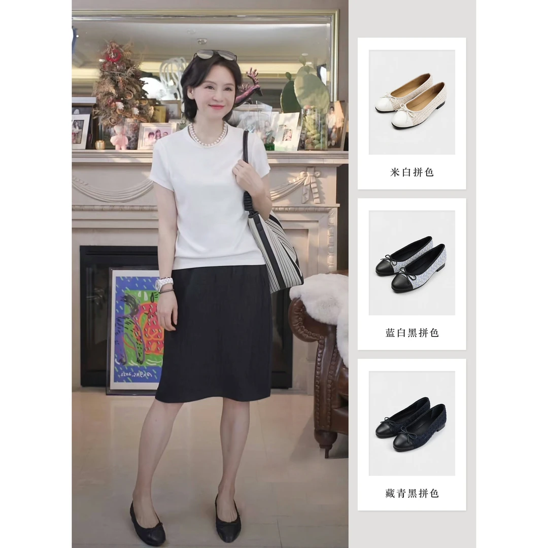 我是摩羯 小香蝴蝶结单鞋 意大利小羊皮粗花呢拼色玛丽珍平底鞋子