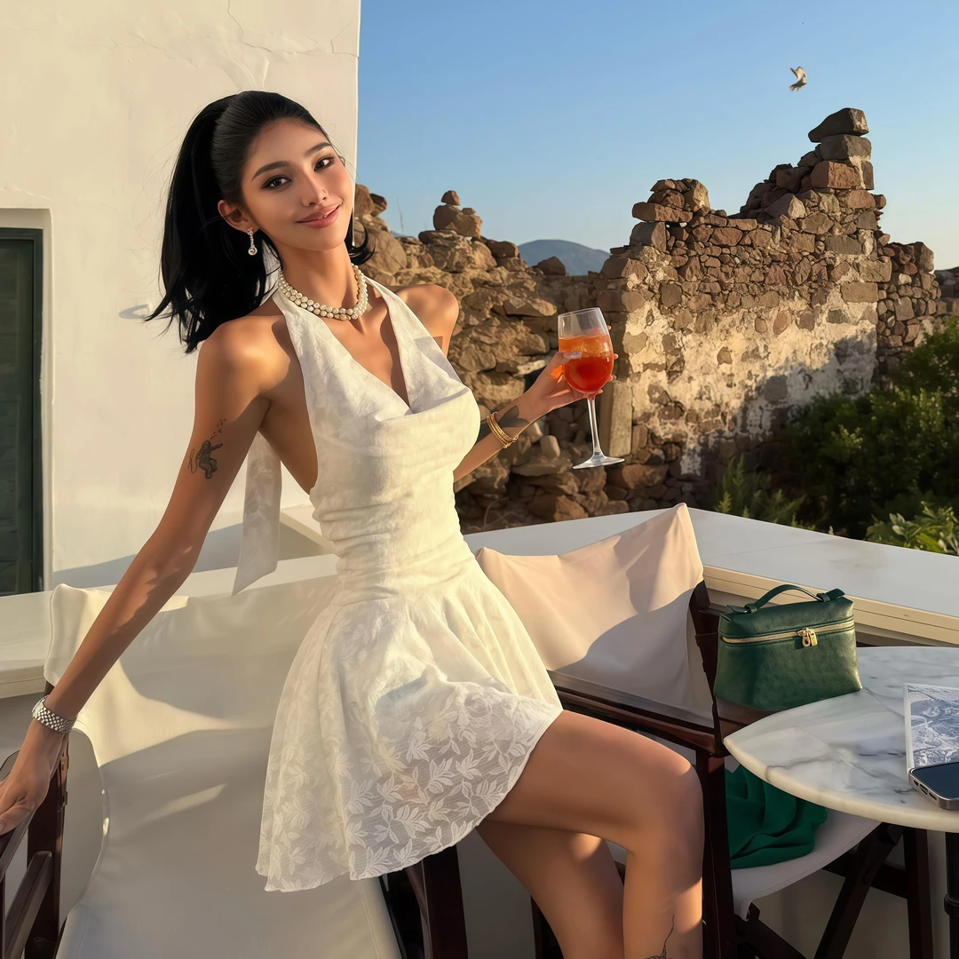 辣妹性感纯欲风领挂脖连衣裙女夏新款收腰显瘦度假蕾丝露背短裙