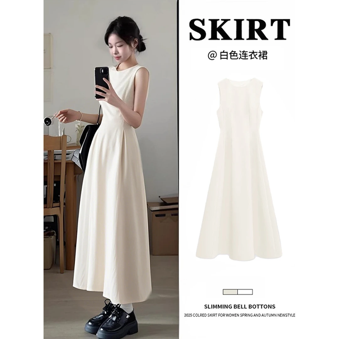 白色夏日绝美赫本风长裙无袖掐腰连衣裙女白月光初恋长款小白裙子