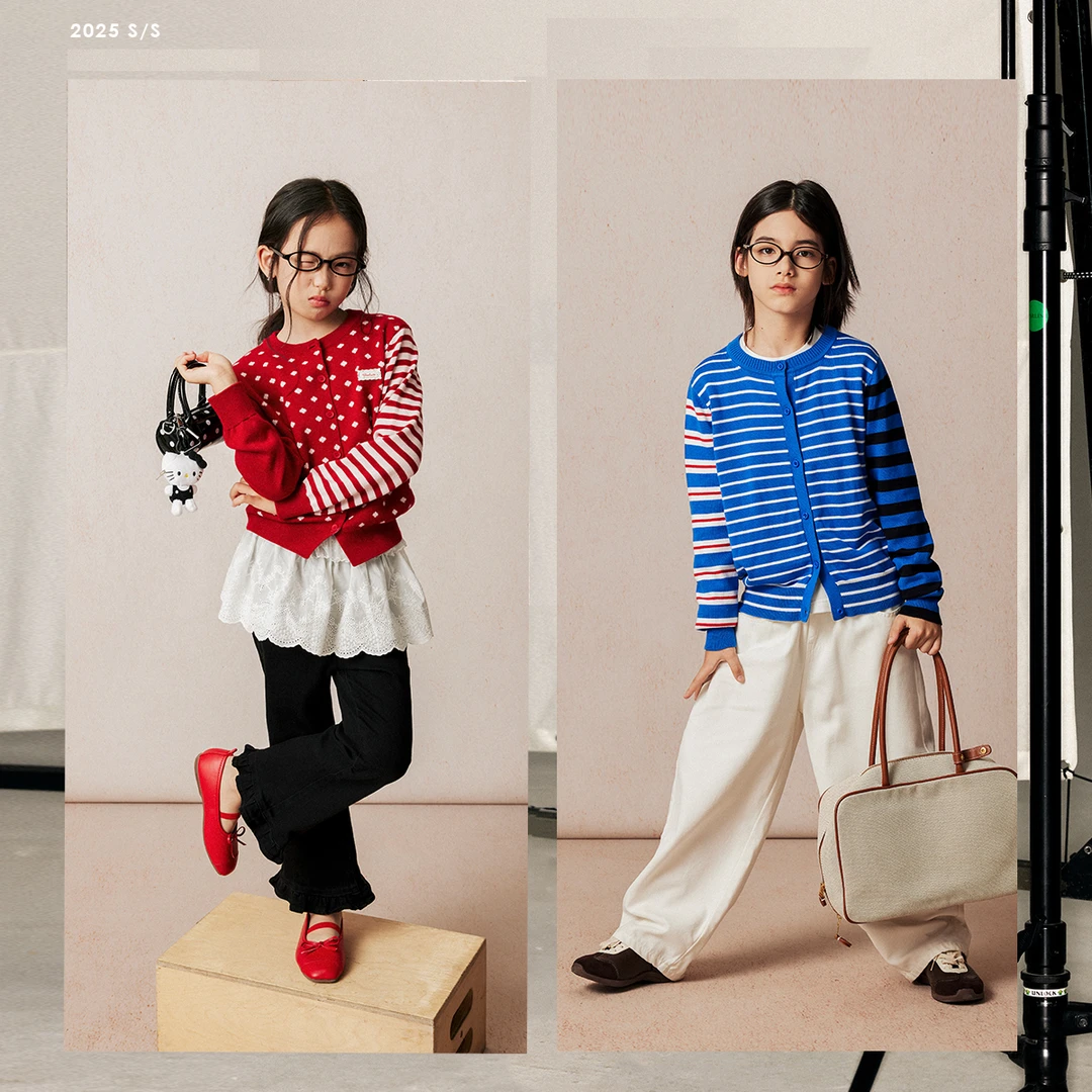 GOODTOZ 8/7 中大童波点条纹撞色贴标毛衣开衫条纹撞色针织棉开衫