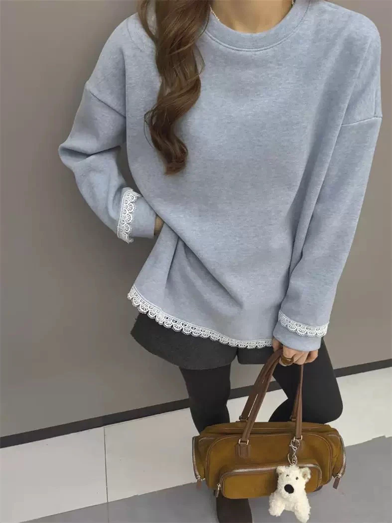 妮妮家55108韩系蕾丝花边圆领慵懒加绒加厚打底衫