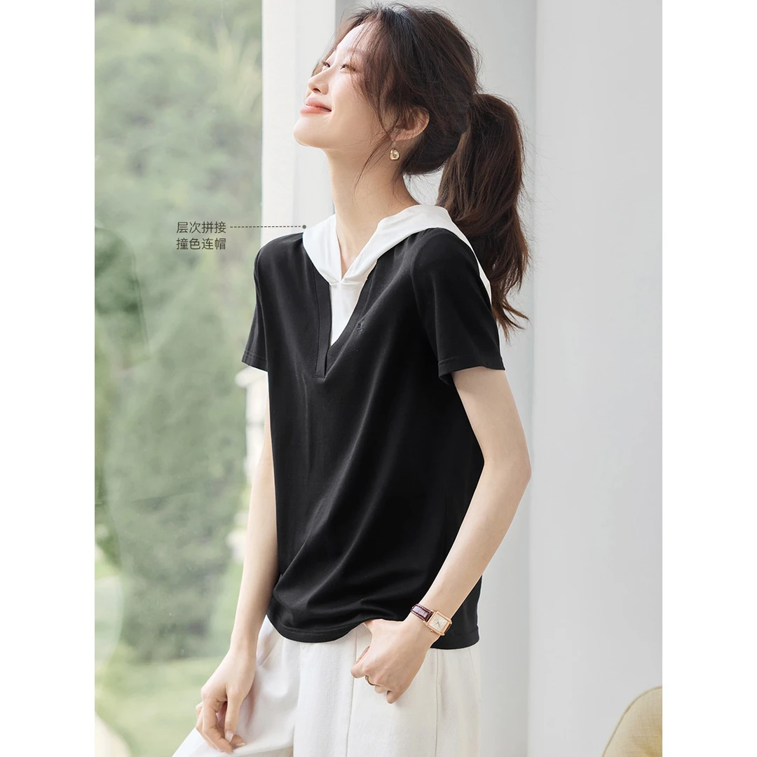 沫晗依美【休闲撞色连帽短袖T恤】2025初秋新款短袖连帽女T恤11903