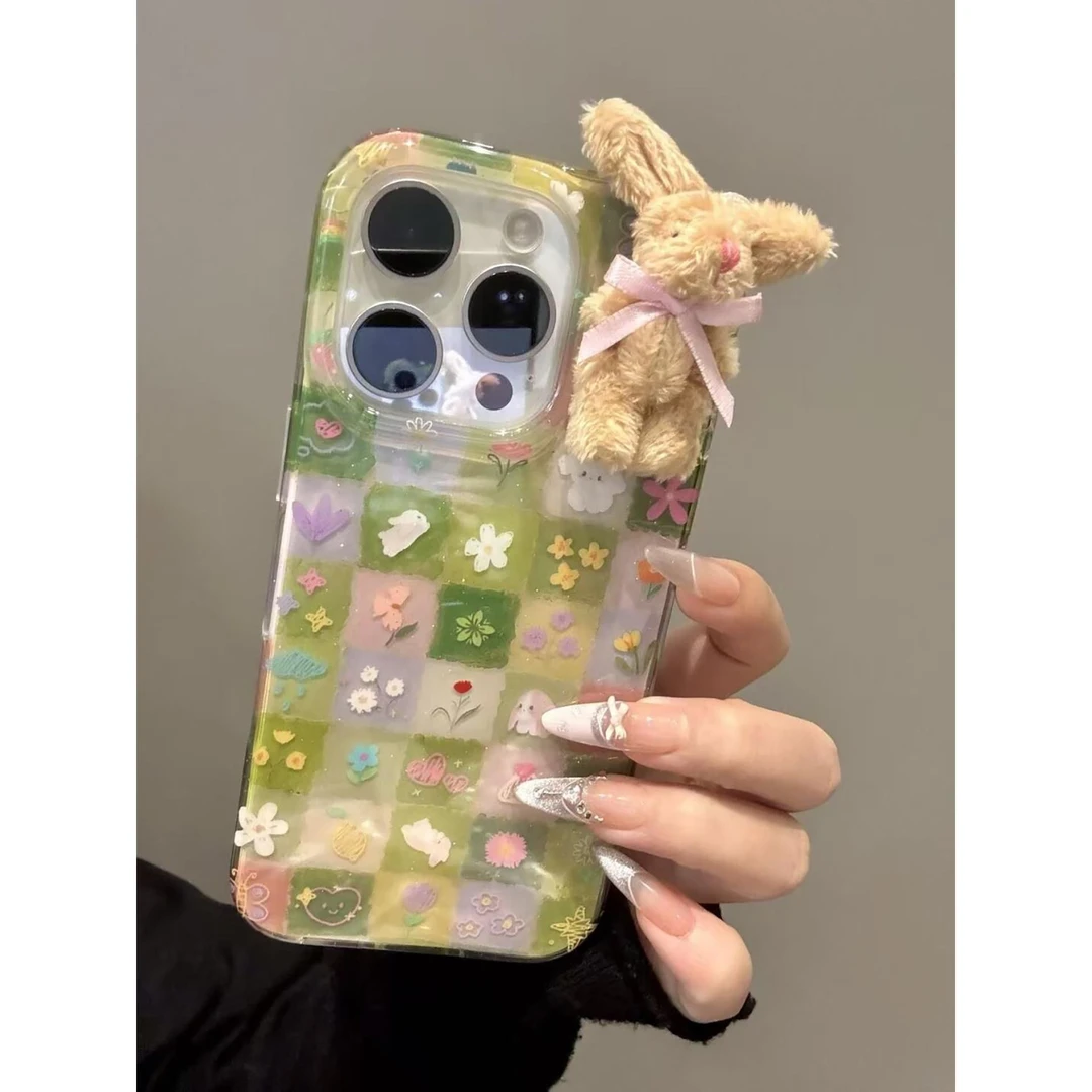 小清新绿格纹花朵立体兔子适用苹果16promax手机壳iphone15新款16