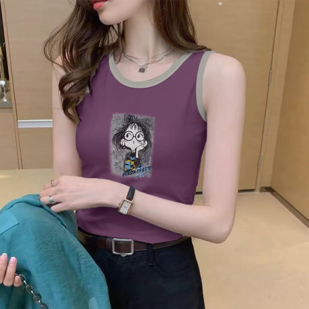 100%纯棉圆领背心吊带女士美式百搭款夏季新款无袖恤印花上衣韩