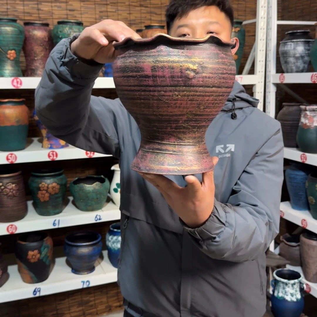 红陶红陶浮雕花盆炸炸炸