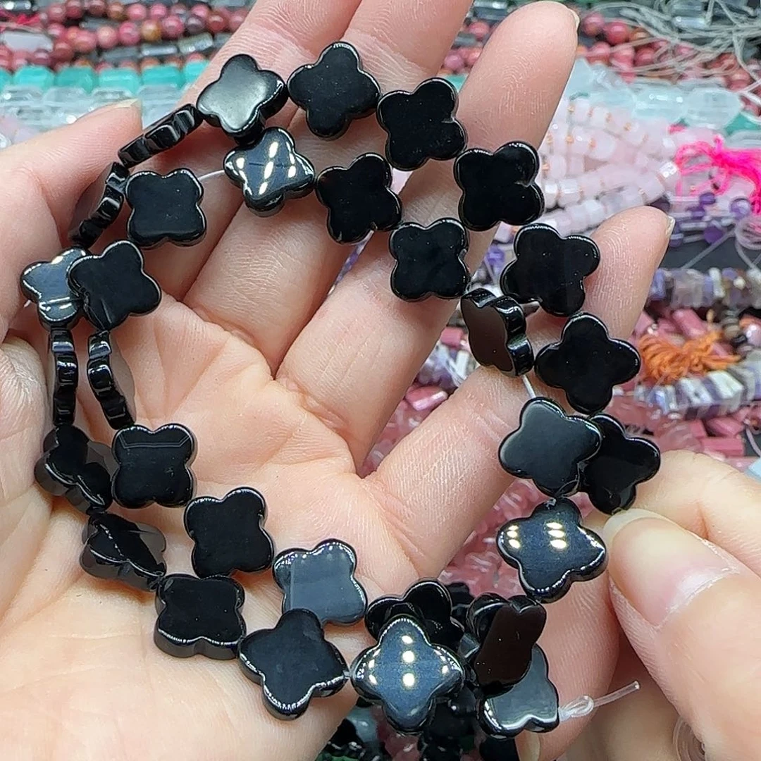 玛瑙/玉髓珠宝半成品合金黑玛瑙12mm一条四叶草