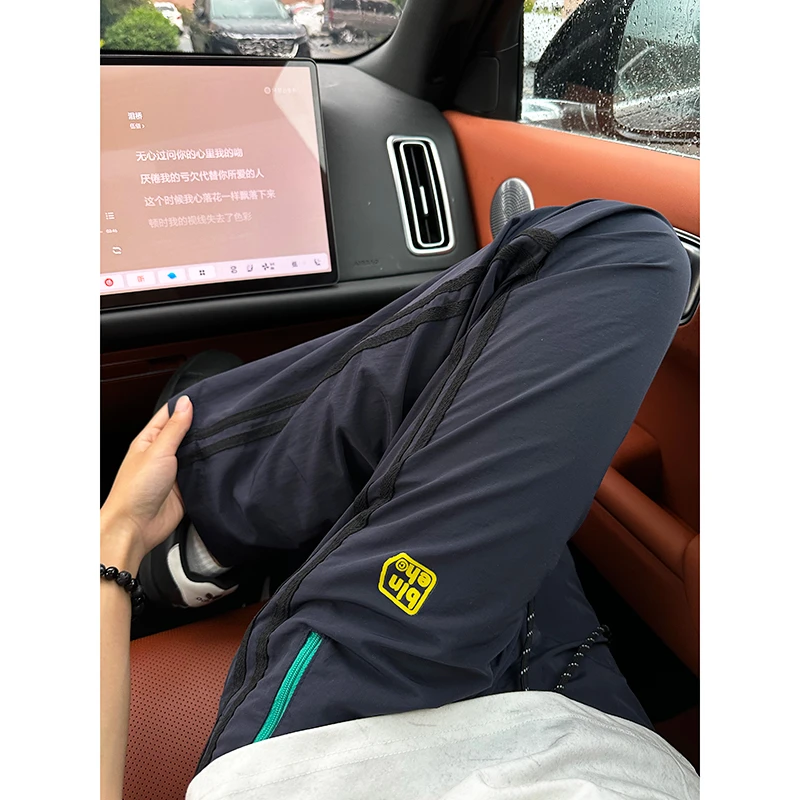 藏青色速干伞兵工装裤男夏季薄款条纹运动裤子褶皱美式直筒休闲裤