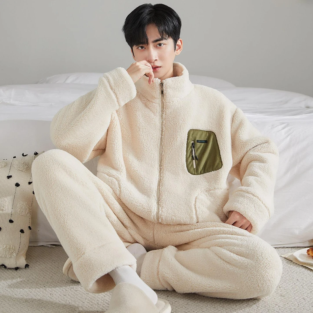 SUAM RUO大码男士羊羔绒睡衣加厚保暖拉链家居服套装可外穿法兰绒