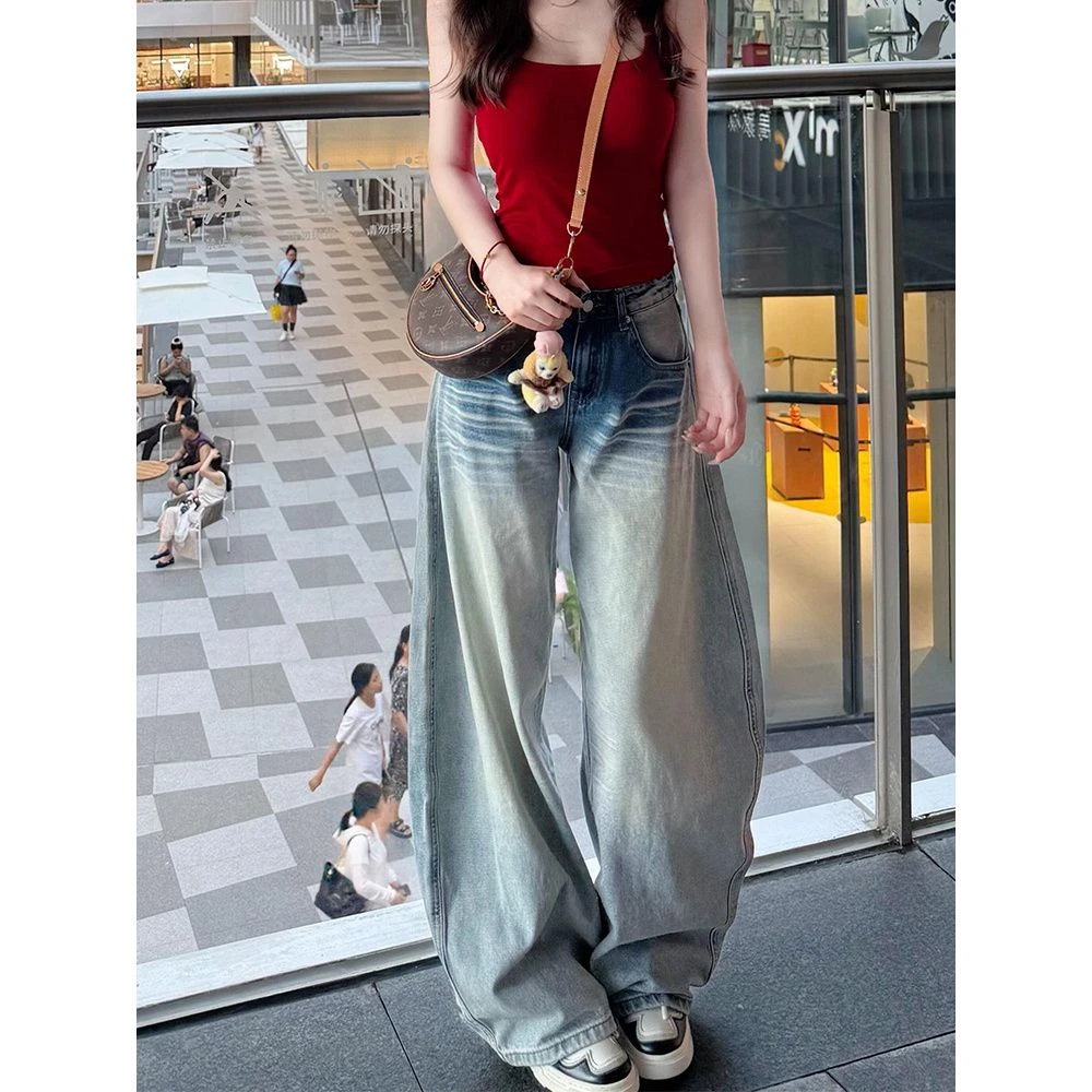 小个子水洗裤子美式复古口袋刺绣牛仔裤秋季宽松弯刀阔腿拖地长裤