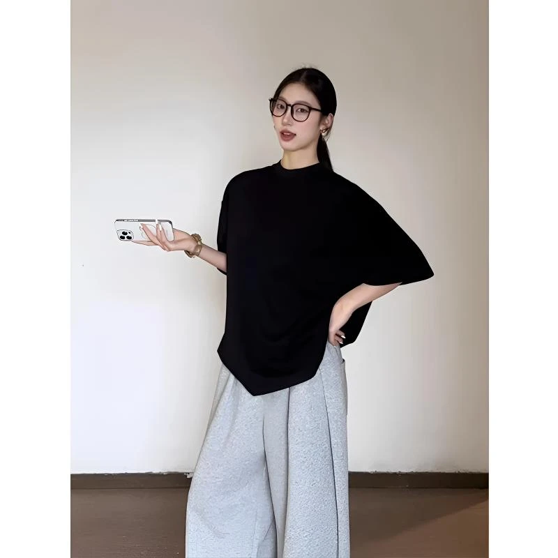 黑色纯棉正肩t恤男款夏季少年感穿搭小领口短袖美式重磅纯色半袖