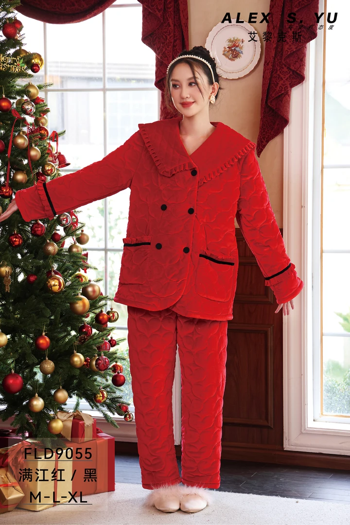 艾黎克斯设计师新年款轻奢三层夹棉加厚轻奢可外穿家居服套装冬款