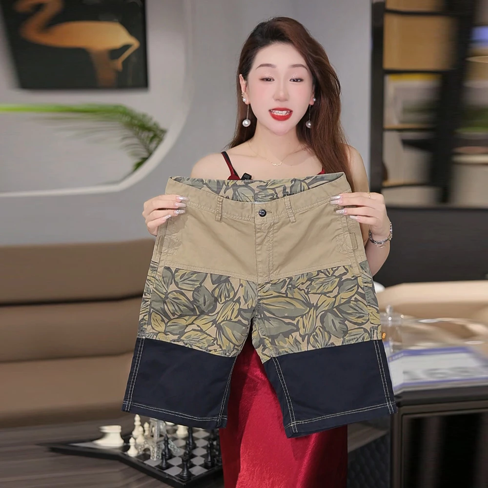 2025夏季薄款印花休闲短裤男卡其拼接工装风五分裤中裤时尚外穿