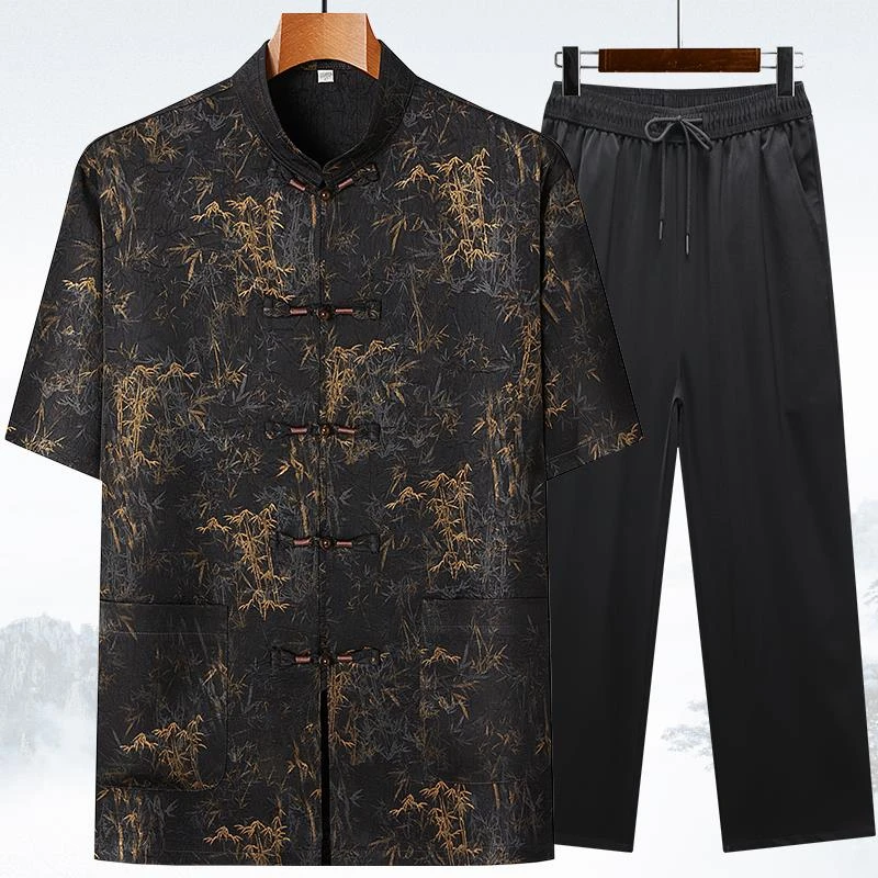 夏季唐装男款中老年爸爸装短袖套装中国风父亲衬衣爷爷新中式汉服