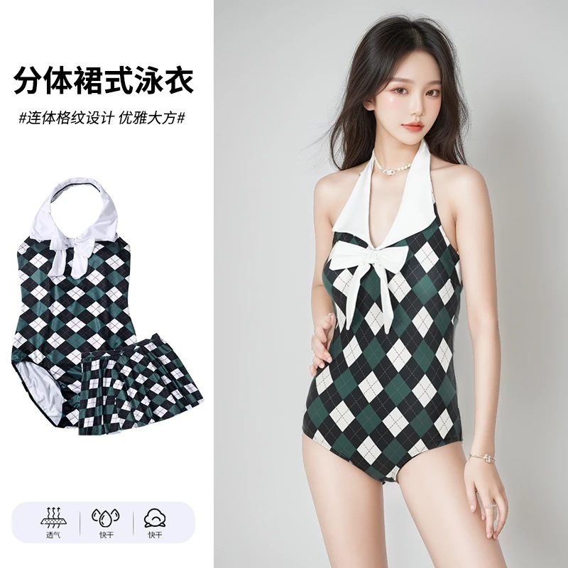 新款连体泳衣女美式复古裙式显瘦遮肚学院辣妹风经典菱格温泉度假