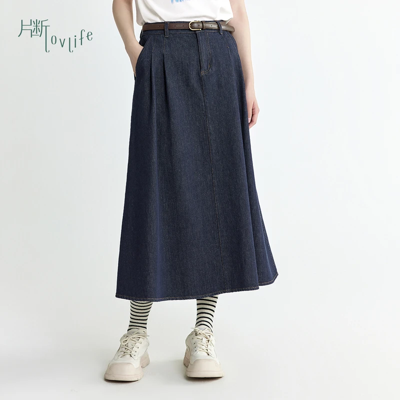 片断牛仔半身裙女2025春季新款韩版复古遮肚显瘦通勤简约百搭伞裙