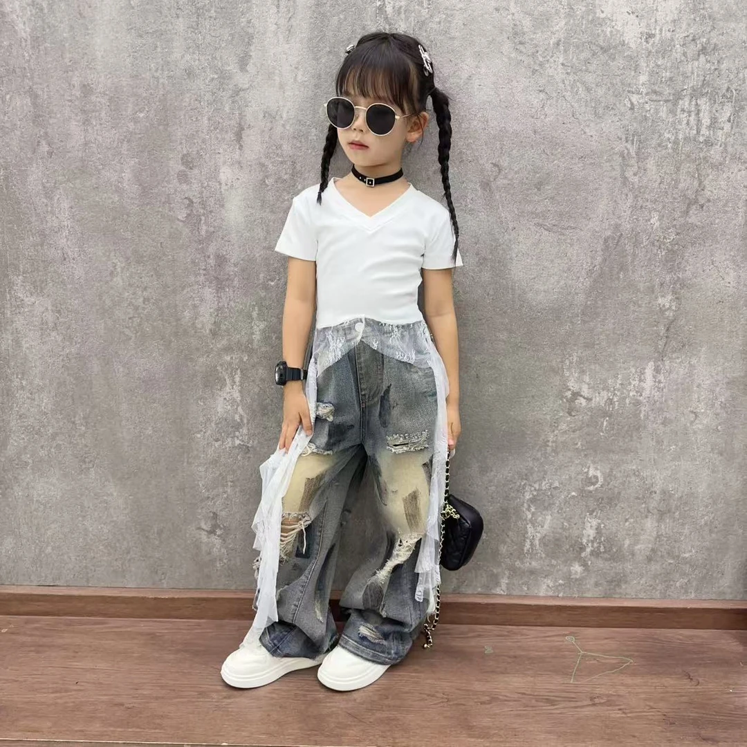 女童牛仔套装夏装2025新款女孩中大童蕾丝拼接背心儿童破洞两件套