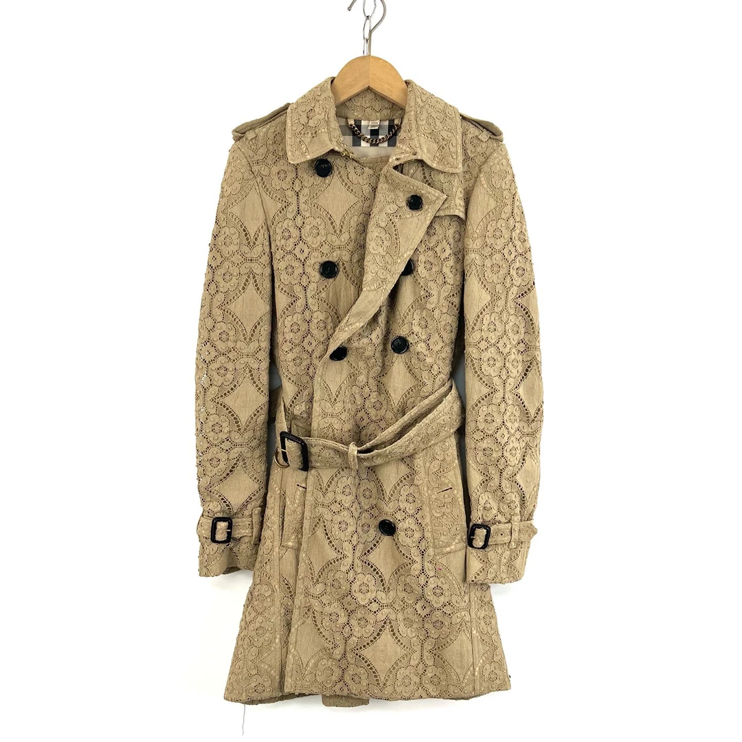 99新 BURBERRY/博柏利 UK4码/卡其色秀款蕾丝中长款风衣/09272