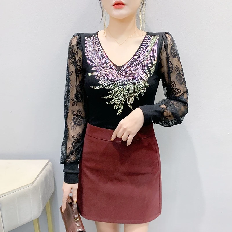 2025春季新款欧洲站重工烫钻个性修身显瘦打底衫蕾丝长袖女潮洋气