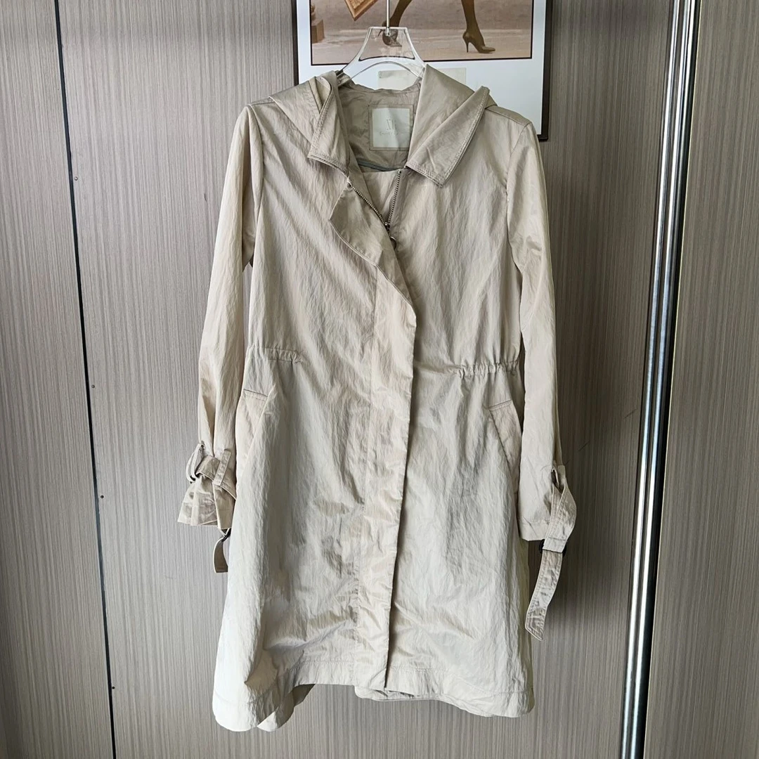 26034撤柜XG新款春秋宽松长款气质连帽风衣中长款外套时尚女装